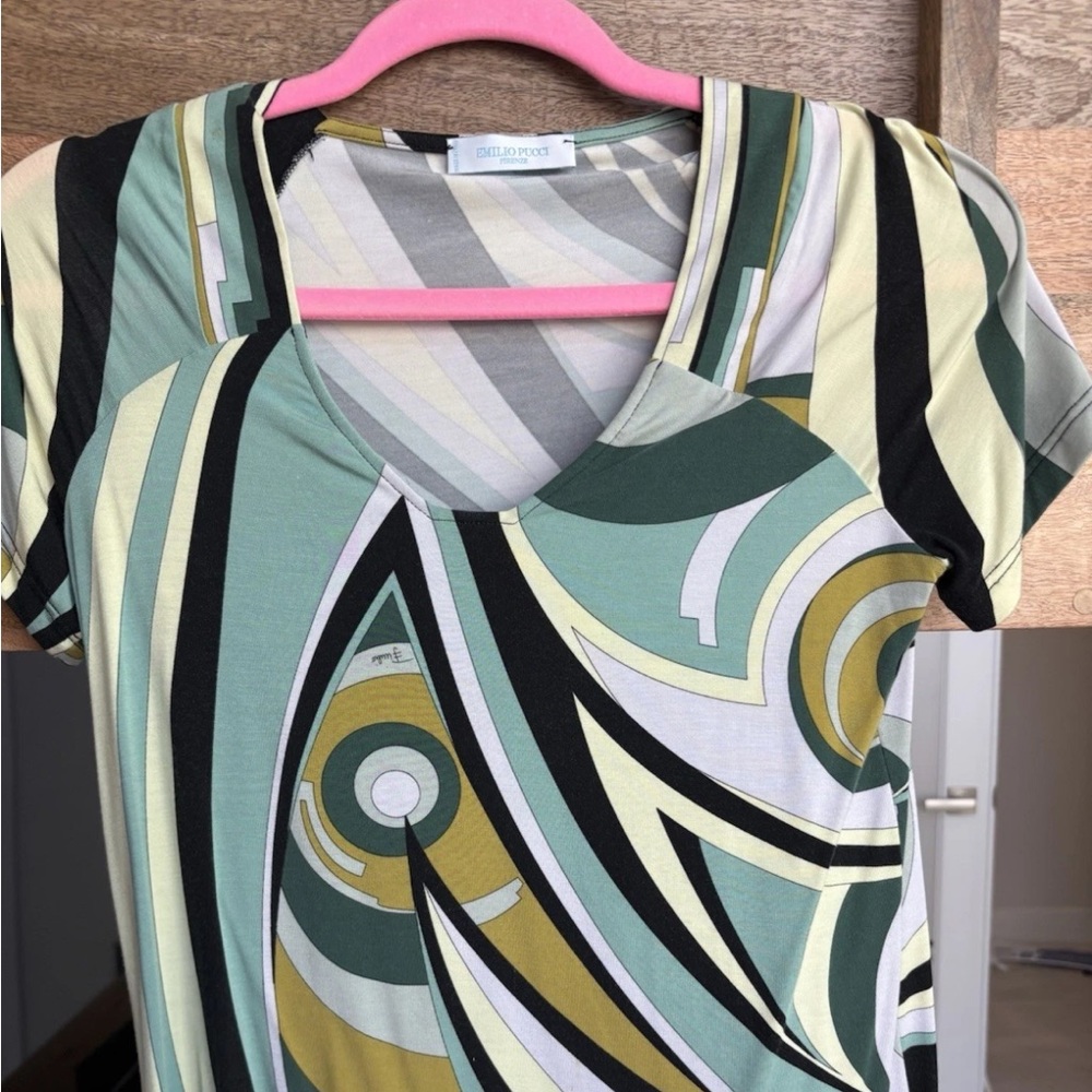 Emilio Pucci Green White Abstract Swirls T Shirt Top Blouse M